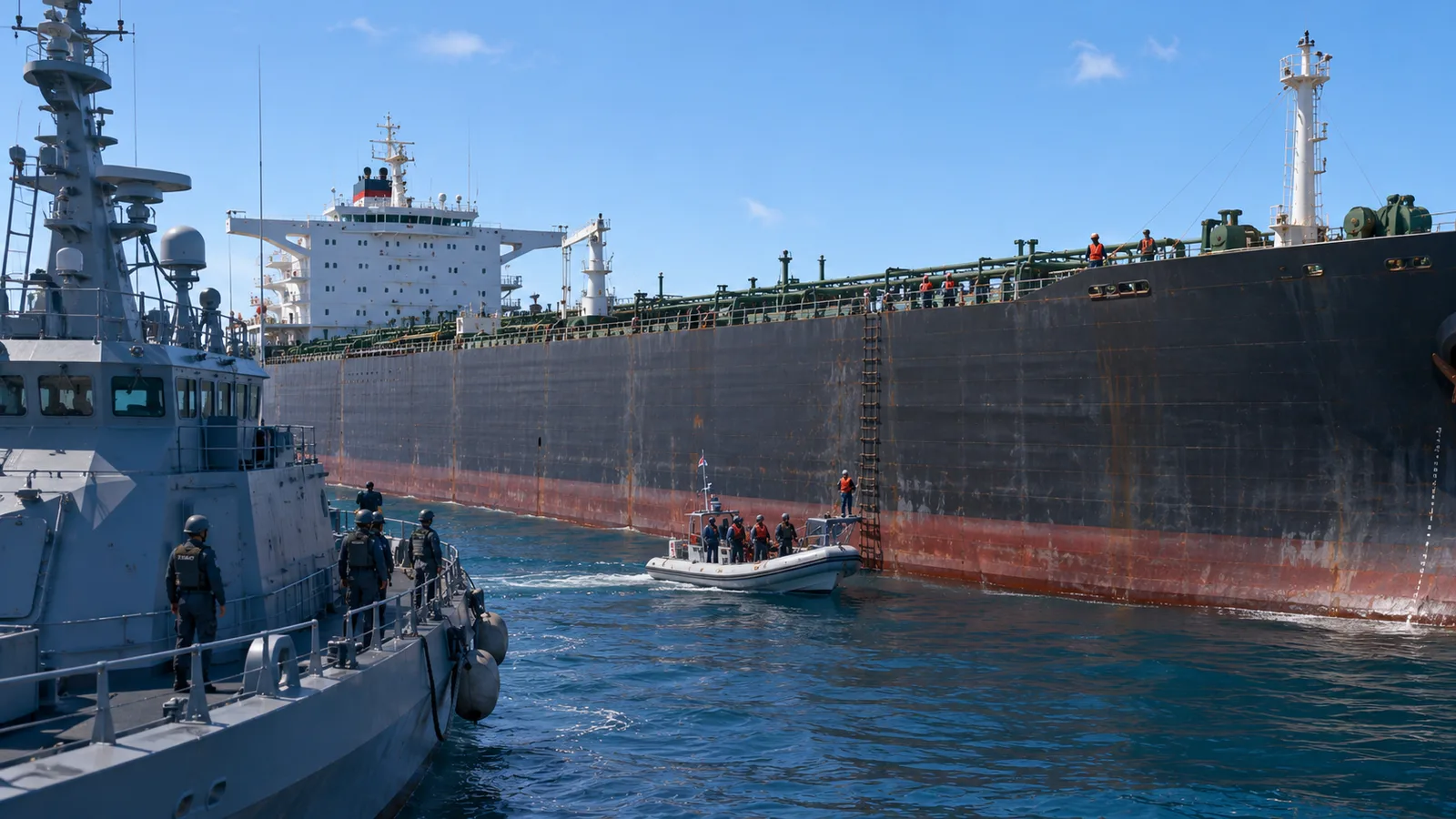 Naval boarding operation — commandos boarding a tanker suspected of sailing under a false flag in Atlantic waters