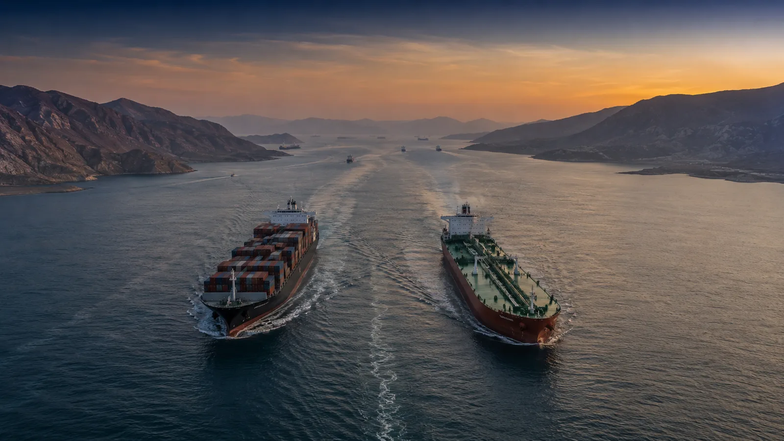 A commercial vessel transiting a contested maritime corridor at dawn - representing the hidden cost of war risk insurance in 2026