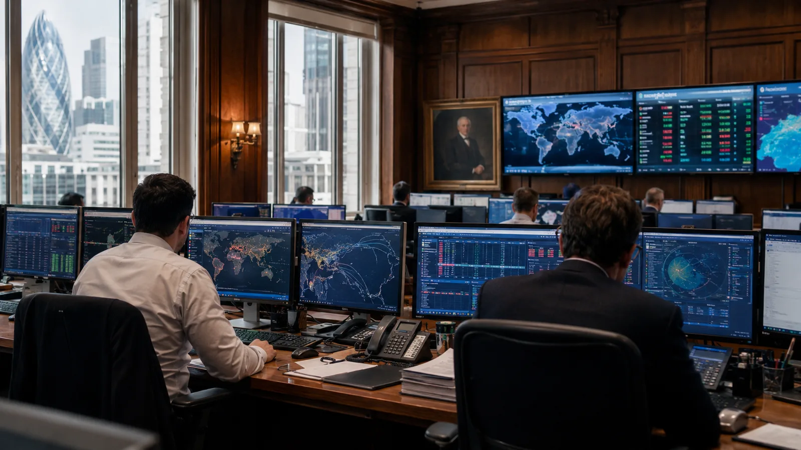 The Lloyd's of London marine insurance underwriting environment - traditional wood-paneled rooms with modern data dashboards